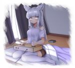  1girl alarm_clock animal_ears bangs blunt_bangs blush brown_shorts clock closed_mouth curtains digital_clock erune granblue_fantasy grey_eyes grey_hair grey_shirt grey_theme highres holding indoors klaius korwa kotatsu long_hair looking_at_viewer off_shoulder on_bed playing_games shirt short_sleeves shorts sitting solo strap_slip table tagme thighhighs wariza white_legwear 