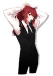  1boy absurdres arms_behind_head bangs brill_p collared_shirt diluc_(genshin_impact) formal genshin_impact hair_between_eyes hair_tie_in_mouth highres jacket long_hair long_sleeves male_focus mouth_hold necktie open_mouth ponytail red_eyes red_hair shirt simple_background solo suit tying_hair vest white_background 