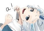  ! 1girl a absurdres animal_hood blue_eyes blue_hair blue_nails english_commentary fingernails forehead gawr_gura head_back highres hololive hololive_english hood hood_down multicolored_hair shark_hood sharp_fingernails sharp_teeth t-one teeth tongue virtual_youtuber white_background white_hair 