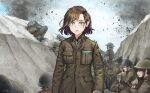  1917_(film) 6+girls blue_eyes brown_hair brown_jacket gun hat helmet jacket kneeling kws long_sleeves military military_uniform multiple_girls original short_hair sitting solo_focus standing uniform war weapon world_war_i 