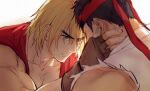  2boys agtkme2304 bangs bara bare_shoulders black_hair blonde_hair close-up dougi fingerless_gloves from_behind gloves hand_on_another&#039;s_face headband highres ken_masters looking_at_another male_cleavage male_focus mature_male multiple_boys muscular muscular_male open_clothes open_shirt pectorals ryu_(street_fighter) shirt short_hair sideburns sleeveless spiked_hair street_fighter street_fighter_ii_(series) thick_eyebrows torn_clothes torn_shirt upper_body wet yaoi 