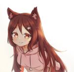  1girl animal_ear_fluff arms_behind_back brown_eyes brown_hair closed_mouth eyebrows_visible_through_hair hair_ornament hairclip highres hood hoodie klaius leaning_forward long_hair long_sleeves looking_at_viewer original pink_hoodie simple_background smile solo white_background 