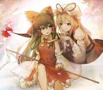  2girls :d bangs blonde_hair bow bowtie breasts brown_eyes brown_hair closed_fan closed_mouth dress fan folding_fan frilled_hair_tubes gap_(touhou) gohei hair_between_eyes hair_bow hakurei_reimu hand_on_own_chin hat hat_ribbon holding holding_fan holding_stick long_hair looking_at_another mob_cap multiple_girls open_mouth petticoat purple_eyes red_bow red_ribbon red_skirt red_vest ribbon sidelocks siyumu skirt skirt_set small_breasts smile stick tabard touhou vest white_dress yakumo_yukari yellow_bow yellow_neckwear 