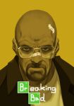  1boy bald bandages bandaid bandaid_on_head bandaid_on_nose blood bloody_bandages breaking_bad broken_eyewear copyright_name facial_hair glasses goatee highres jacket jin_rou looking_at_viewer male_focus monochrome solo spot_color walter_white 