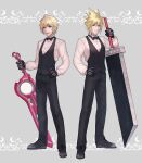  2boys absurdres blonde_hair blue_eyes buster_sword cloud_strife final_fantasy final_fantasy_vii fist_pump formal full_body gloves hand_on_weapon highres looking_at_viewer male_focus monado multiple_boys rei_(teponea121) shulk_(xenoblade) smile spiked_hair square_enix suit super_smash_bros. sword weapon xenoblade_chronicles xenoblade_chronicles_(series) 