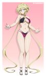  1girl absurdres bikini blonde_hair blush breasts carol_malus_dienheim character_name chuunioniika cleavage hair_between_eyes highres huge_filesize large_breasts layered_bikini long_hair mole mole_under_eye navel older parted_lips purple_bikini senki_zesshou_symphogear shiny shiny_hair shiny_skin smile solo standing swimsuit teeth twintails 