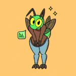  ambiguous_gender antennae_(anatomy) anthro arthropod arthropod_abdomen big_eyes biped bottomwear clothed clothing creature_sp denim denim_clothing dialogue dialogue_box hi_res insect insect_wings jeans leaning leaning_forward nonbinary_(lore) pants simple_background solo star sweater topwear wings 