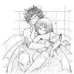  1boy 1girl bangs bath bathing bathtub blush boku_no_hero_academia breast_grab closed_eyes couple dailykrumbs english_commentary grabbing greyscale hetero highres hug hug_from_behind jirou_kyouka looking_at_another looking_up midoriya_izuku mixed_bathing monochrome nipples nude one_eye_closed scar short_hair sitting sitting_on_lap sitting_on_person smile soap steam tile_wall tiles water 