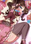  1girl bangs blue_eyes blush box box_of_chocolates brown_hair candy chocolate chocolate_heart dress food gift gloves hair_between_eyes heart heart-shaped_box long_hair love_live! love_live!_nijigasaki_high_school_idol_club love_live!_school_idol_festival_all_stars lying ousaka_shizuku pink_dress satolive20 solo valentine 