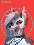  2021 absurd_res alternate_version_at_source anthro black_nose bodily_fluids bust_portrait canid canid_demon collar demon drooling ear_piercing eyeliner fangs fedoguck female fur grey_body grey_eyes grey_fur hair hellhound helluva_boss hi_res looking_at_viewer loona_(vivzmind) makeup mammal notched_ear open_mouth pentagram piercing portrait pupils red_background red_sclera saliva sharp_teeth silver_hair simple_background slit_pupils solo spiked_collar spikes teeth tongue tongue_out white_body white_fur 