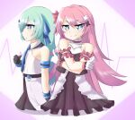  2girls armband bare_shoulders black_gloves blue_eyes blue_ribbon bow brown_dress choker closed_mouth copyright_request dress gloves green_hair hair_bow hair_ornament hair_ribbon heartbeat klaius looking_at_viewer multiple_girls parted_lips pink_choker pink_hair pointing pointing_at_viewer red_bow ribbon smile white_gloves 