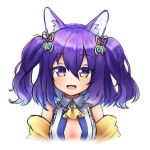  1girl :d animal_ears ascot bare_shoulders breasts colored_inner_hair commentary english_commentary eyebrows_visible_through_hair hair_between_eyes hair_ornament highres klaius looking_at_viewer medium_hair multicolored_hair open_mouth original purple_eyes purple_hair simple_background small_breasts smile solo twintails upper_body white_background yellow_neckwear 