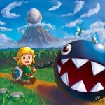  1boy blonde_hair blue_eyes brown_footwear bug butterfly chain chain_chomp cloud day egg english_commentary field flower green_shirt hat holding hylian_shield insect leash likovacs link long_sleeves male_focus mountain open_mouth pointy_ears shield shirt sky smile the_legend_of_zelda the_legend_of_zelda:_link&#039;s_awakening tunic walking watermark web_address 