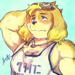  anthro biceps blonde_hair blush canid canine canis clothing domestic_dog eyewear floppy_ears fuyoudo624 goggles hair hi_res hisaki_(live-a-hero) jewelry live-a-hero male mammal necklace pecs shirt solo tank_top topwear 