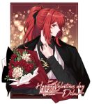  1boy bangs bouquet brill_p character_name closed_mouth collared_shirt diluc_(genshin_impact) english_text eyebrows_visible_through_hair flower genshin_impact hair_between_eyes hair_ribbon happy_valentine highres holding holding_bouquet jacket jacket_on_shoulders light_particles long_hair long_sleeves looking_at_viewer male_focus necktie ponytail red_eyes red_flower red_hair ribbon rose shirt simple_background solo watch white_flower wristwatch 