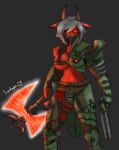  6ironknight9 anthro armor axe bovid caprine caprine_demon demon doom_eternal female goat_demon gun hi_res horn looking_at_viewer lucy mammal marauder_(doom) melee_weapon ranged_weapon red_body shotgun solo standing weapon 