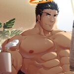  1boy abs bara cup facial_hair highres holding holding_cup large_pectorals looking_at_viewer male_focus mature_male muscular muscular_male navel newspaper nipples short_hair sideburns smile solo stomach stubble tokyo_houkago_summoners tptptpn upper_body zabaniya_(tokyo_houkago_summoners) 