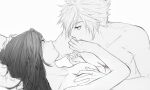  1boy 1girl blush breast_grab cloud_strife couple eye_contact final_fantasy final_fantasy_vii from_side grabbing grey_eyes hand_on_another&#039;s_head hand_up hetero highres khaw_(cloudstdontcare) licking long_hair looking_at_another looking_at_viewer lying monochrome nude on_back open_mouth profile red_eyes scar scar_on_chest short_hair spot_color tifa_lockhart 