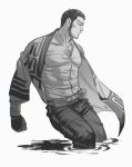  1boy ainu_clothes bara black_hair buzz_cut chest_hair covered_abs covered_nipples cropped_legs facial_hair golden_kamuy greyscale hairy highres large_pectorals long_sideburns looking_to_the_side male_cleavage male_focus mature_male monochrome muscular muscular_male nipples plushyshy profile shirt short_hair sideburns solo stubble tanigaki_genjirou thick_eyebrows tight_shirt very_short_hair 
