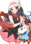  1girl alisky beanie black_hair blush commentary_request dawn_(pokemon) eyelashes floating_hair floating_scarf gen_4_pokemon hat highres holding holding_poke_ball long_hair looking_at_viewer piplup poke_ball poke_ball_(basic) pokemon pokemon_(creature) pokemon_(game) pokemon_dppt red_scarf scarf simple_background starter_pokemon white_background white_headwear wristband 