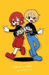  4boys 84mri :d ;d black_eyes black_shirt blonde_hair blue_footwear blue_pants commentary_request cosplay cuphead cuphead_(cosplay) cuphead_(game) finger_gun gloves hair_between_eyes hanasaki_miyabi highres holostars kishido_temma long_sleeves male_focus mugman mugman_(cosplay) multiple_boys one_eye_closed open_mouth pants red_footwear red_hair red_shorts shirt shoes short_hair shorts smile standing virtual_youtuber white_gloves yellow_background 