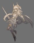  1girl absurdres armor boots breastplate capelet cloak gauntlets highres holding holding_sword holding_weapon horns original prototype-d shoulder_armor sword weapon 