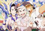  3boys augustine_sycamore blush brown_hair clenched_teeth closed_eyes cloud commentary_request confetti day double_v facial_hair gen_1_pokemon gen_6_pokemon gen_7_pokemon grey_hair hair_bun hand_up kukui_(pokemon) kusuribe labcoat legendary_pokemon long_sleeves lycanroc lycanroc_(midday) male_focus mew multiple_boys mythical_pokemon one_eye_closed open_mouth outdoors parted_lips pokemon pokemon_(creature) pokemon_(game) pokemon_frlg pokemon_sm pokemon_xy purple_shirt samuel_oak shirt sky smile sunglasses teeth tongue v w xerneas 
