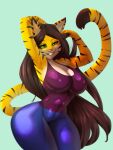  2021 3:4 anthro big_breasts breasts brown_hair clothing felid female general-irrelevant green_eyes hair hi_res long_hair mammal pantherine pupils simple_background slit_pupils smile solo striped_body stripes tiger tight_clothing white_background yellow_body 
