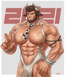  1boy 2021 abs absurdres animal_ears animal_print bara bare_pecs beard brown_hair bulge bursting_pecs chinese_zodiac cow_boy cow_ears cow_horns cow_print cowboy_shot facial_hair happy_new_year highres horns k_sen212 large_pectorals male_focus mature_male muscular muscular_male navel navel_hair necktie new_year nipples original pectorals short_hair smile solo stomach suspenders thick_thighs thighs v year_of_the_ox 