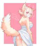  ! 2021 anthro blonde_hair blush breasts butt canid female fur hair hand_on_arm hi_res looking_at_viewer looking_back looking_back_at_viewer mammal momomofura pink_background pink_eyes raised_tail simple_background smile solo tan_body tan_fur tongue tongue_out towel towel_only 