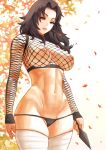  1girl areolae black_hair breasts large_breasts leaf leaves_in_wind lips long_hair looking_at_viewer mature muscular muscular_female naruto naruto_(series) nipples outdoors panties parted_lips red_eyes solo thighs underwear yuuhi_kurenai zefrableu 