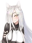  1girl alchemist_(girls_frontline) animal_ears blush breasts cat_ears closed_mouth eien_(x0b3o6x7) eyebrows_visible_through_hair eyepatch girls_frontline highres long_hair looking_at_viewer sangvis_ferri silver_hair smile solo white_background white_hair yellow_eyes 