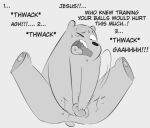  anus ballbusting balls bodily_fluids brown_bear cartoon_network cock_and_ball_torture genital_torture genitals grizzly_(wbb) male mammal monochrome paws penis simple_background sodabox solo tagme tears text tongue ursid ursine uvula we_bare_bears 