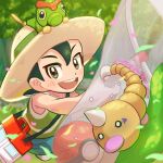  1boy :d bangs blush brown_eyes bug_catcher_(pokemon) butterfly_net caterpie commentary_request day forest gen_1_pokemon green_hair green_shirt green_shorts hair_between_eyes hand_net hat hat_ribbon holding_butterfly_net male_focus nature on_head open_mouth outdoors petals poke_ball poke_ball_(basic) pokemon pokemon_(creature) pokemon_(game) pokemon_lgpe pokemon_on_head ribbon shirt shorts smile teeth tom_(pixiv10026189) tongue tree weedle 