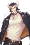  1boy aion_kiu animal_ears bara bell belt black_hair black_jacket brown_belt chinese_zodiac cow_boy cow_ears cow_horns cowboy_shot facial_hair goatee horns jacket large_pectorals leather leather_jacket long_sideburns male_cleavage male_focus mature_male muscular muscular_male neck_bell open_clothes open_jacket original pale_skin scar scar_across_eye short_hair sideburns sidepec smile solo tank_top white_tank_top year_of_the_ox 