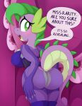  absurd_res anthro big_breasts big_butt blush breasts butt crossgender dialogue dragon female friendship_is_magic hi_res looking_back my_little_pony pearlyiridescence rear_view solo spike_(mlp) 