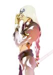  belt_buckle blue_eyes buckle dark_skin dark_skinned_male guilty_gear highres looking_to_the_side male_focus midriff solo_focus venom_(guilty_gear) white_background white_hair 