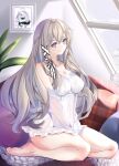  1girl absurdres azur_lane bare_legs bare_shoulders barefoot blue_eyes blush breasts closed_mouth collarbone couch eyebrows_visible_through_hair hair_ribbon hands_on_own_knees heterochromia highres legs long_hair looking_at_viewer medium_breasts murmansk_(azur_lane) murmansk_(sceneries_of_pure_snow)_(azur_lane) nightgown picture_(object) pillow platinum_blonde_hair purple_eyes ribbon seiza simple_background sitting soles solo thighs white_nightgown white_ribbon window yoshitoki_(kisshin) 