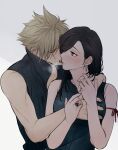  1boy 1girl bangs bare_arms bare_shoulders black_hair black_shirt blonde_hair blush breast_grab closed_eyes cloud_strife collarbone commentary couple earrings final_fantasy final_fantasy_vii frown grabbing grey_background hetero highres hug jewelry khaw_(cloudstdontcare) long_hair looking_at_another open_mouth red_eyes ring shirt short_hair sleeveless spiked_hair tifa_lockhart tongue upper_body white_background 