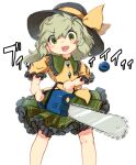  1girl :d bangs black_headwear blouse blush blush_stickers bow chainsaw commentary_request eyeball eyebrows_visible_through_hair feet_out_of_frame flat_chest frilled_shirt_collar frills green_eyes green_hair green_skirt hat hat_bow holding holding_chainsaw komeiji_koishi long_hair looking_at_viewer nose_blush open_mouth petticoat short_sleeves simple_background skirt smile solo sound_effects standing third_eye touhou uisu_(noguchipint) v-shaped_eyebrows white_background yellow_blouse yellow_bow 