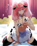  1girl animal_ears animal_print bell bikini black_legwear blue_eyes breasts cleavage covered_nipples cow_ears cow_horns cow_print detached_collar ear_tag horns kneeling looking_at_viewer navel navel_piercing neck_bell original piercing pink_hair rototika solo swimsuit thighhighs twintails 