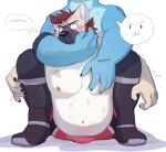  &gt;:3 anthro belly blue_body blue_fur bulge canid duo fur hair humuliation male male/male mammal merdekyle7 nipples pec_grasp pinned red_hair slightly_chubby wrestling wrestling_clothing 