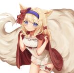  1girl :3 animal_ears blonde_hair blush bow cape closed_mouth commentary commission cowboy_shot dress english_commentary fox_ears fox_tail hair_bow hairband hands_up klaius large_tail long_hair looking_at_viewer original purple_eyes purple_hairband red_bow red_cape short_dress simple_background smile solo tail thigh_strap white_background white_dress 