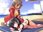  2girls :d absurdres akazukin_(mary_skelter) alice_(mary_skelter) bare_arms bare_legs bare_shoulders beach bikini black_bikini black_hair blue_sky bow breasts cleavage cloud club_(shape) commentary commission day diamond_(shape) dot_nose english_commentary feet_out_of_frame hair_bow hair_ornament hair_over_shoulder hairclip heart highres horizon jacket klaius looking_at_viewer lying mary_skelter medium_breasts multiple_girls navel ocean on_side one_eye_closed open_mouth outdoors parasol parted_lips red_jacket sand sandals sky small_breasts smile spade_(shape) swimsuit umbrella white_bow wristband x_hair_ornament yellow_bikini yellow_eyes 
