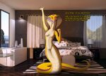  2021 5_fingers absurd_res anthro apode bed bedroom belly_scales blush breasts cobra dialogue draconcopode fangs featureless_breasts female fingers forked_tongue furniture genitals hand_above_head hi_res inside lamp legless looking_at_viewer naga nominu non-mammal_breasts nude pussy red_eyes reptile scales scalie serpentine smile snake snake_hood solo standing talking_to_viewer tongue tongue_out video_games viper_(x-com) window x-com yellow_body yellow_scales 