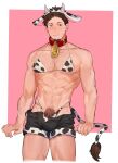  1boy abs animal_ears animal_print bara bell black_shorts blush bra bulge chest_hair chinese_zodiac cow_boy cow_ears cow_horns cow_print cow_tail cowboy_shot excessive_pubic_hair eyebrow_cut facial_hair fake_animal_ears fur goatee highres horns large_pectorals male_cleavage male_focus male_pubic_hair mature_male muscular muscular_male navel navel_hair neck_bell nipple_slip nipples open_clothes open_shorts original panties print_bra print_panties pubic_hair scar scar_across_eye short_hair shorts solo stomach tail thick_thighs thighs underwear year_of_the_ox zhineart 