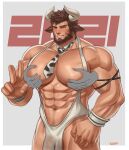  1boy 2021 abs absurdres animal_ears animal_print bara bare_pecs beard brown_hair bulge bursting_pecs chinese_zodiac cow_boy cow_ears cow_horns cow_print cowboy_shot facial_hair grabbing happy_new_year highres horns k_sen212 large_pectorals male_focus mature_male muscular muscular_male navel navel_hair necktie new_year nipples original pectoral_grab pectorals short_hair smile solo_focus stomach suspenders thick_thighs thighs v year_of_the_ox 