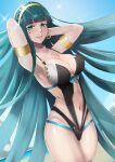  1girl absurdres arms_behind_head aya_(user_ddya7452) bangs blunt_bangs blush bracelet breasts cleavage cleopatra_(fate) collarbone earrings eyebrows_visible_through_hair fate/grand_order fate_(series) green_eyes green_hair hairband highres hoop_earrings jewelry large_breasts long_hair looking_at_viewer navel parted_lips smile solo very_long_hair 