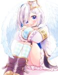  1girl :d amane_kanata angel_wings artist_request ass blue_hair blush boots colored_inner_hair commentary_request eyebrows_visible_through_hair eyes_visible_through_hair frills full_body gold_trim hair_ornament head_tilt highres hololive knees_up looking_at_viewer multicolored_hair open_mouth plaid plaid_legwear purple_eyes short_hair silver_hair simple_background sitting smile solo virtual_youtuber white_background wings 