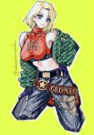  1girl bare_shoulders belt black_belt blonde_hair blue_eyes blue_mary blue_pants brand_name_imitation breasts commentary covered_collarbone crop_top eyelashes fatal_fury fingerless_gloves fingernails full_body gloves green_jacket grey_background hair_intakes hand_on_hip hand_on_own_leg highres jacket kneeling large_breasts long_sleeves open_clothes open_jacket outline pants pink_lips pocket poririna purple_gloves short_hair simple_background sleeveless smile solo star_(symbol) the_king_of_fighters turtleneck twitter_username unzipped zipper 
